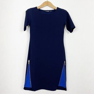 Nina Leonard Navy Shift Dress Royal Blue Zipper Slits Size Small‎